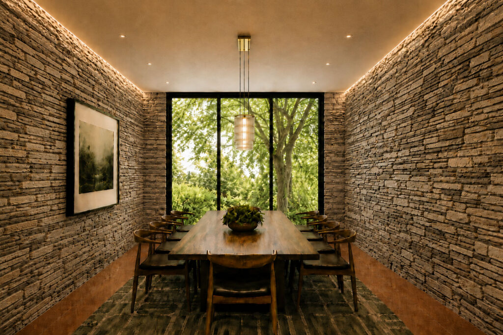 Boardroom with conference table and chairs, stone walls and beautiful view of a tree outside.