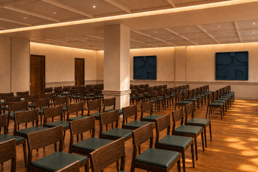 Conference room with 6 rows of chairs aligned for a speaker or presentation.