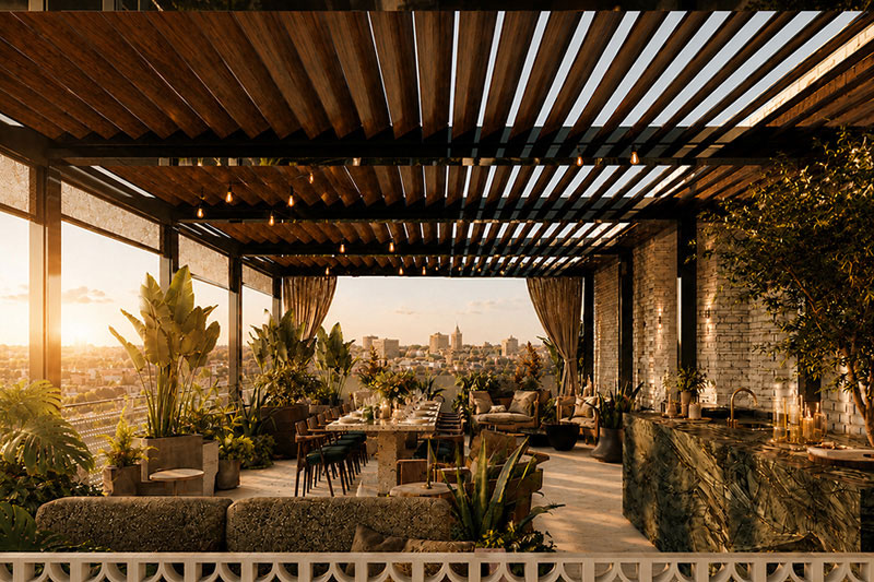 Open outdoor space with seating areas, large tropical plants and beautiful view of the city